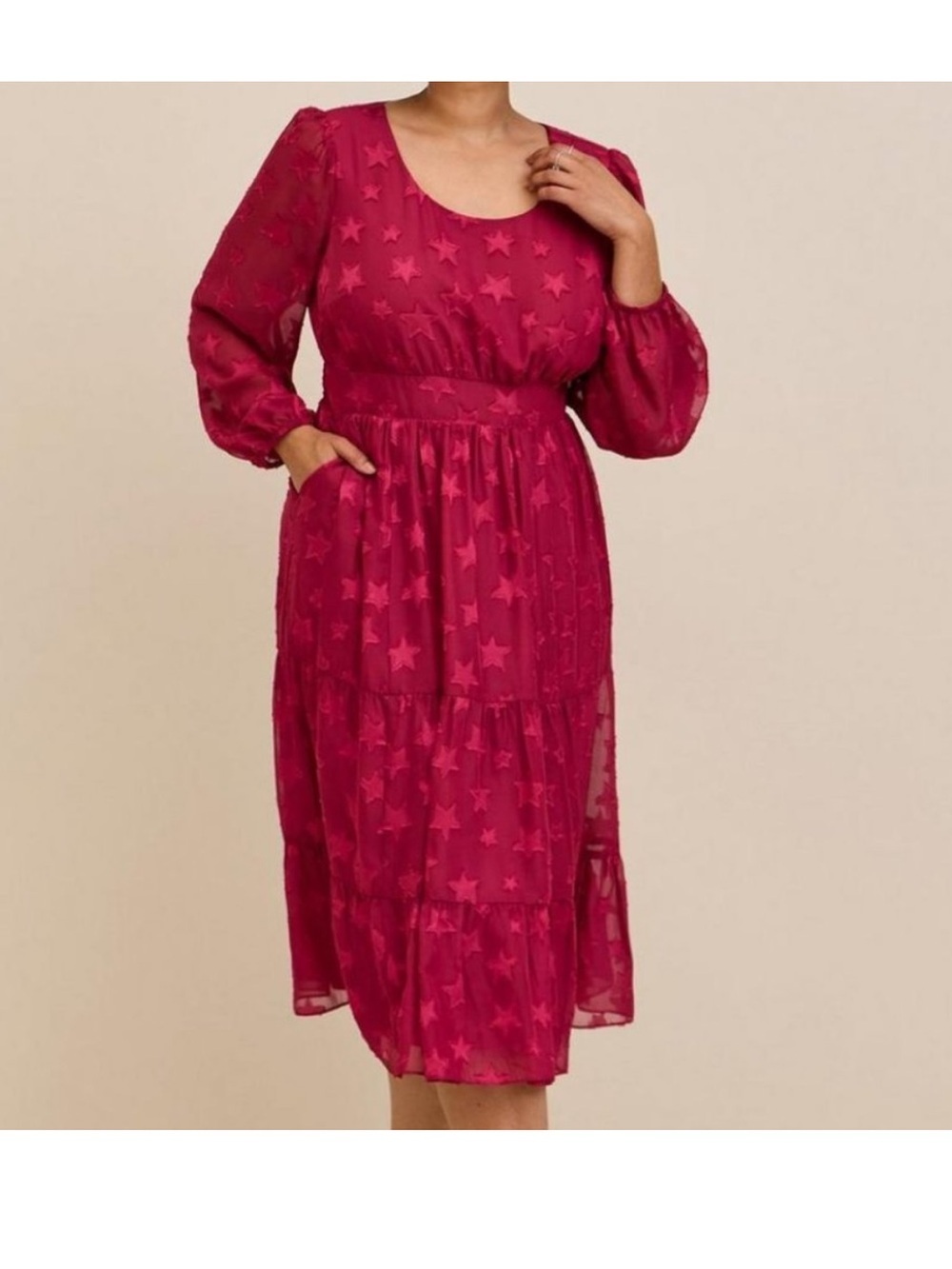 Torrid Burgundy Star Midi Clip Dot Chiffon Tiered Dress
